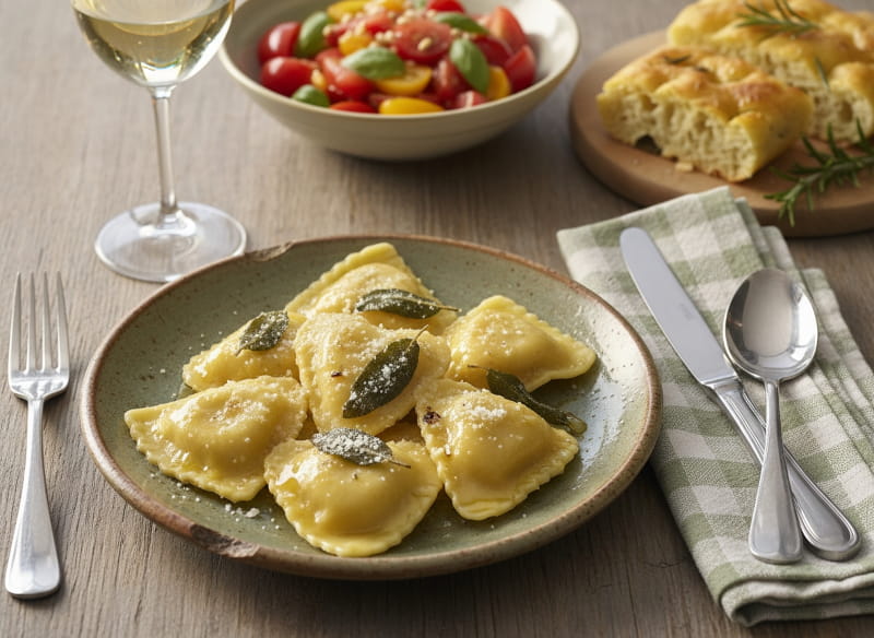 Wein zum Essen: Herz-Ravioli mit Ricotta-Zitronen-Füllung in Salbeibutter und ein Glas Weißburgunder.
