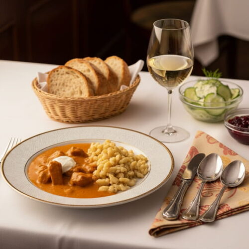 Wein zum Essen: Cremiges Kalbsrahmgulasch mit Nockerln und ein Glas Chardonnay.