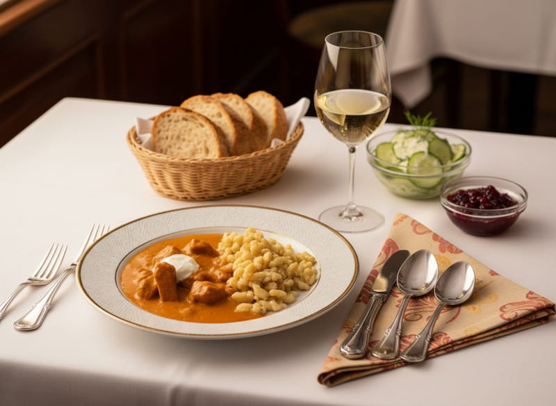 Wein zum Essen: Cremiges Kalbsrahmgulasch mit Nockerln und ein Glas Chardonnay.