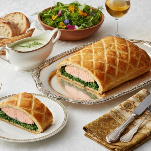 Wein zum Essen: Lachs-Filet im Blätterteig mit Spinat und ein Glas Chardonnay.