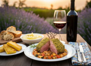 Wein zum Essen: Lammkarree mit Kräuterkruste & Ratatouille-Gemüse serviert mit einem Glas Rotwein in der Provence bei Sonnenuntergang.
