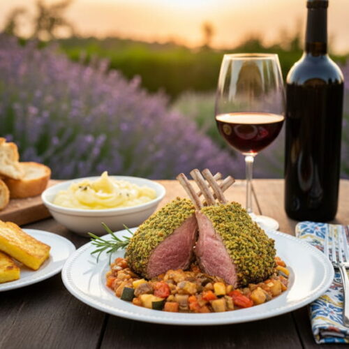 Wein zum Essen: Lammkarree mit Kräuterkruste & Ratatouille-Gemüse serviert mit einem Glas Rotwein in der Provence bei Sonnenuntergang.