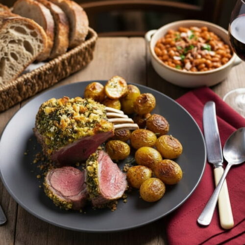 Wein zum Essen: Saftige Lammkrone mit Kräuterkruste und ein Glas Rotwein Zweigelt.