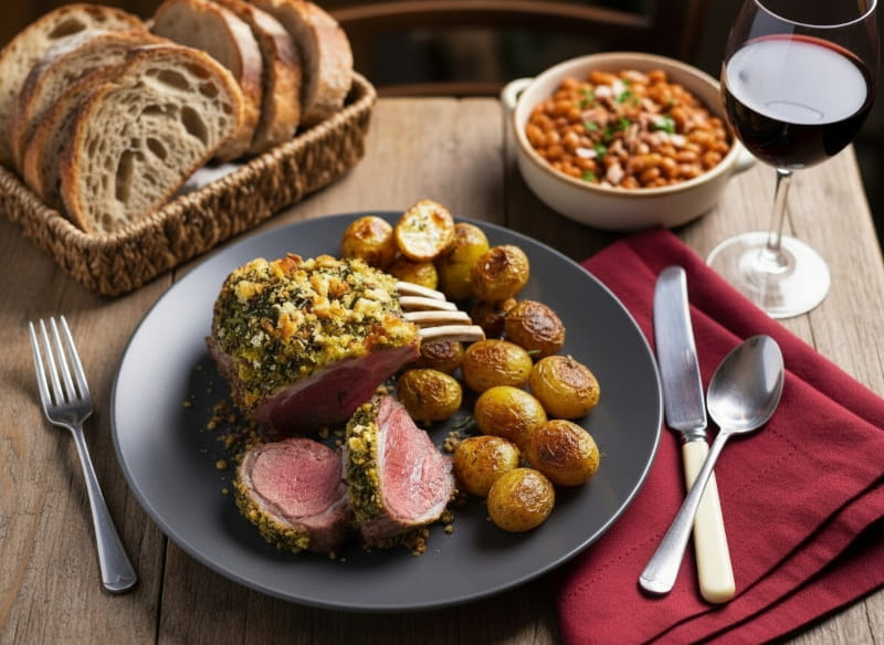 Wein zum Essen: Saftige Lammkrone mit Kräuterkruste und ein Glas Rotwein Zweigelt.