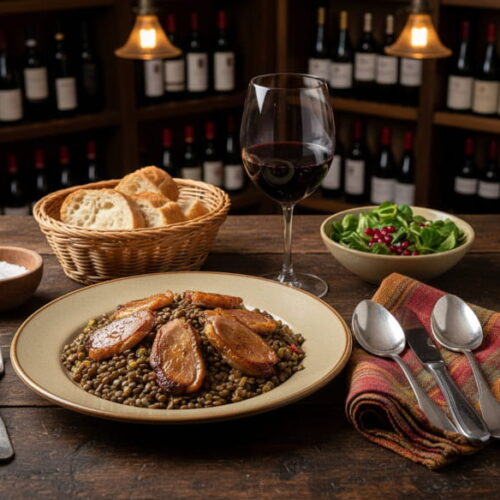 Wein zum Essen: Lauwarmer Linsensalat mit Entenconfit und ein Glas Cornas Rotwein auf einem Holztisch.