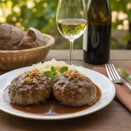 Wein zum Essen: Pfälzer Leberknödel mit Sauerkraut, Bratensoße und ein Glas Weißburgunder auf einem sonnigen Gartentisch.