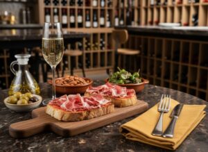 Wein zum Essen: Pa amb tomàquet mit Jamón Ibérico und ein Glas Cava in einer Tapas-Bar.