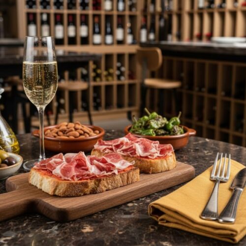 Wein zum Essen: Pa amb tomàquet mit Jamón Ibérico und ein Glas Cava in einer Tapas-Bar.