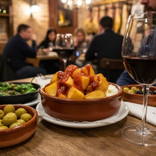 Wein zum Essen: Knusprige Patatas Bravas mit scharfer Salsa Brava und einem Glas spanischem Rotwein auf einem Holztisch.