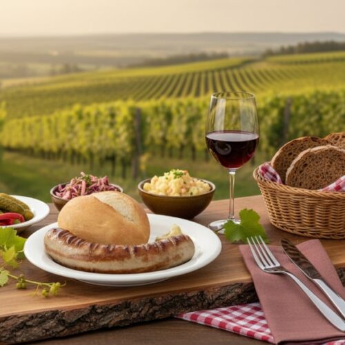 Wein zum Essen: Eine herzhafte Pfälzer Bratwurst im Brötchen mit Senf und einem Glas Dornfelder Rotwein in den Weinbergen.