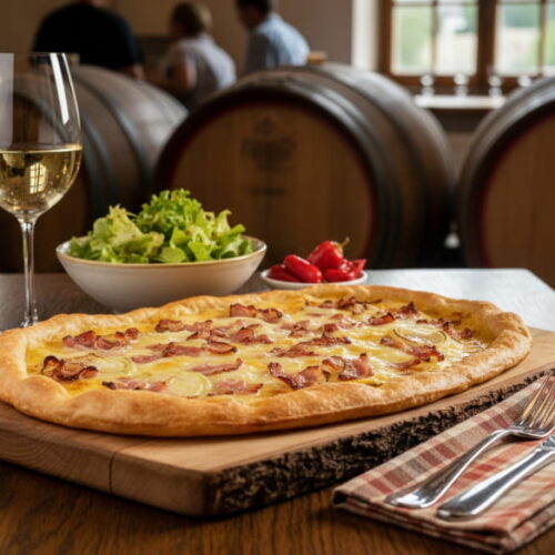 Wein zum Essen: Knuspriger Pfälzer Flammkuchen und ein Glas Weißburgunder.