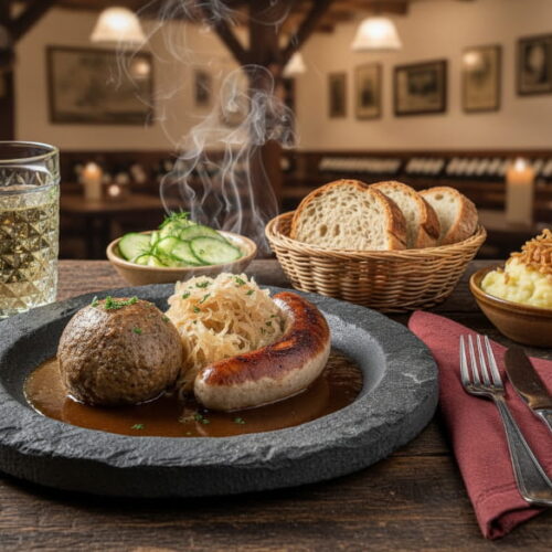 Wein zum Essen: Pfälzer Schiefer Sack mit Leberknödel, Bratwurst und Rieslingschorle.