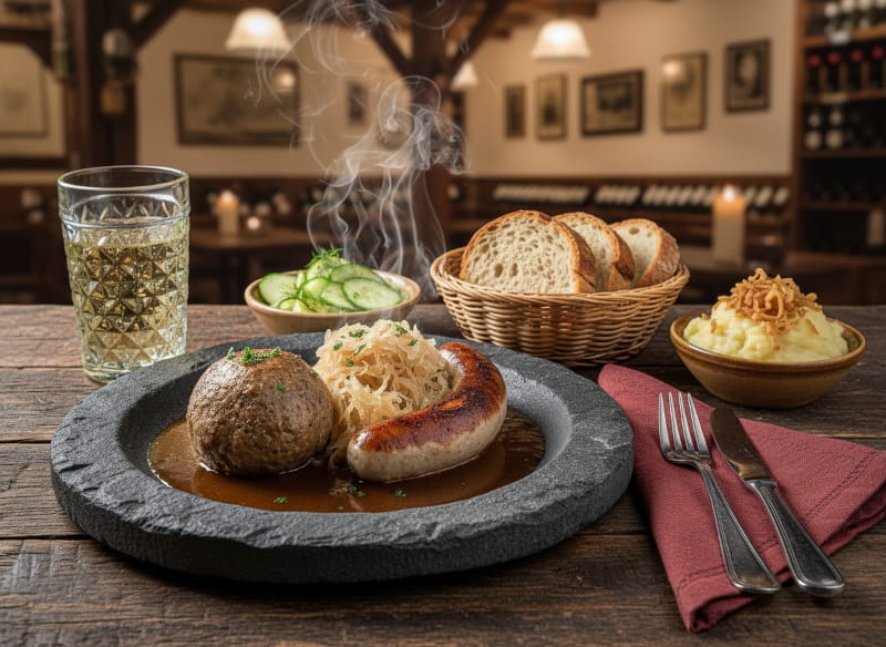 Wein zum Essen: Pfälzer Schiefer Sack mit Leberknödel, Bratwurst und Rieslingschorle.