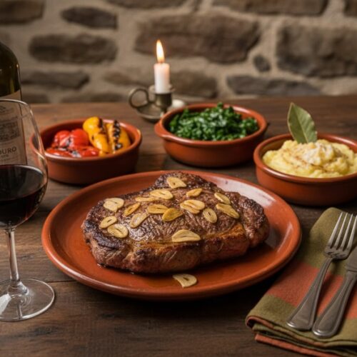 Wein zum Essen: Posta à Mirandesa Rindersteak mit Knoblauch und Douro Rotwein.