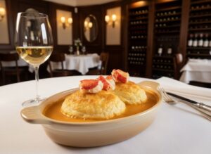 Wein zum Essen: Gratinierte Quenelles de Brochet in Krebs-Sauce neben einem Glas Condrieu Weißwein.