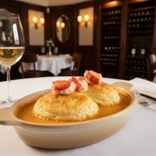 Wein zum Essen: Gratinierte Quenelles de Brochet in Krebs-Sauce neben einem Glas Condrieu Weißwein.