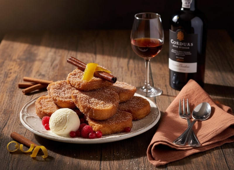 Wein zum Essen: Goldbraune Rabanadas mit Zimt und Zucker serviert mit einem Glas Tawny Portwein.
