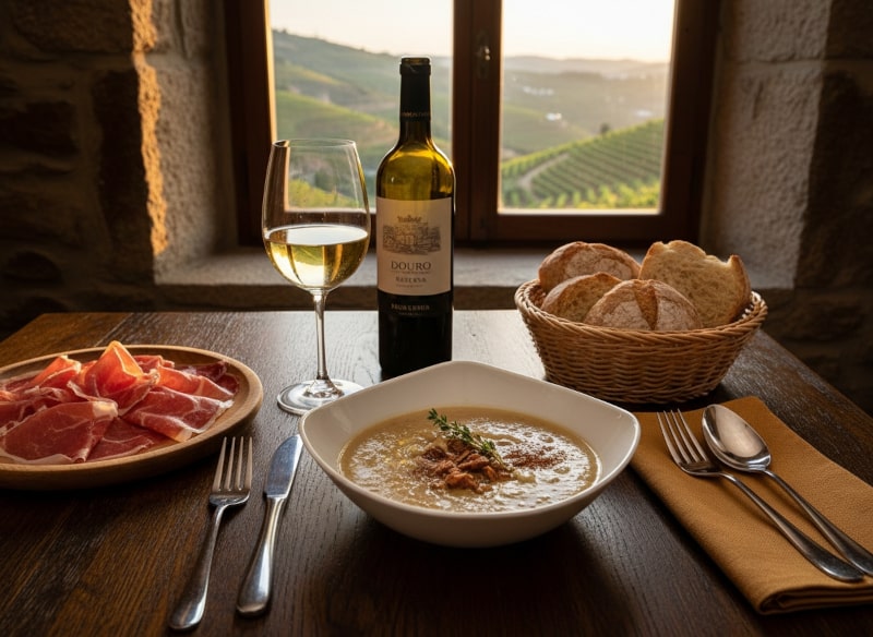 Wein zum Essen: Cremige Sopa de castanhas Kastaniensuppe serviert mit einem Glas Douro Branco Reserva Weißwein.