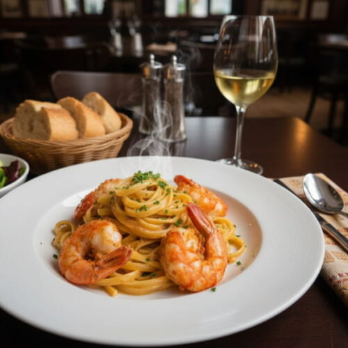 Wein zum Essen: Tagliatelle mit Hummerkrabben in Cognac-Rahmsauce und ein Glas Viognier.