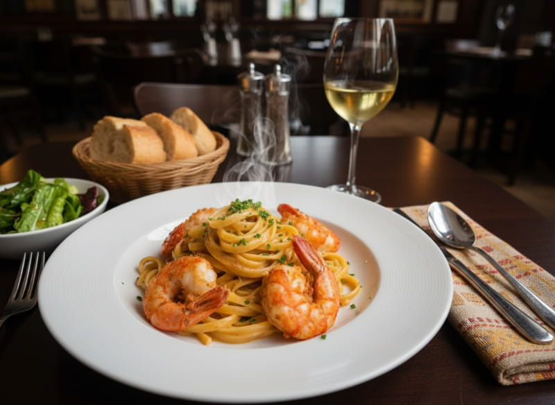 Wein zum Essen: Tagliatelle mit Hummerkrabben in Cognac-Rahmsauce und ein Glas Viognier.