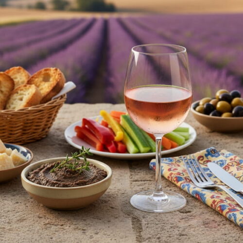 Wein zum Essen: Tapenade (Oliven-Kapern-Sardellen-Paste) mit Baguette und einem Glas Roséwein auf einer Terrasse in der Provence.