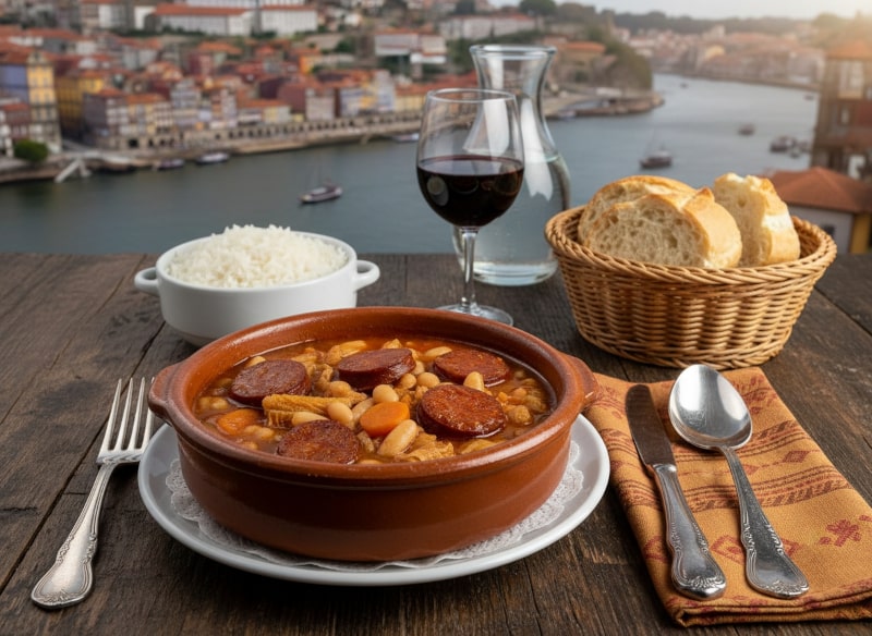 Wein zum Essen: Tripas à moda do Porto Eintopf mit weißen Bohnen und einem Glas Douro Rotwein.