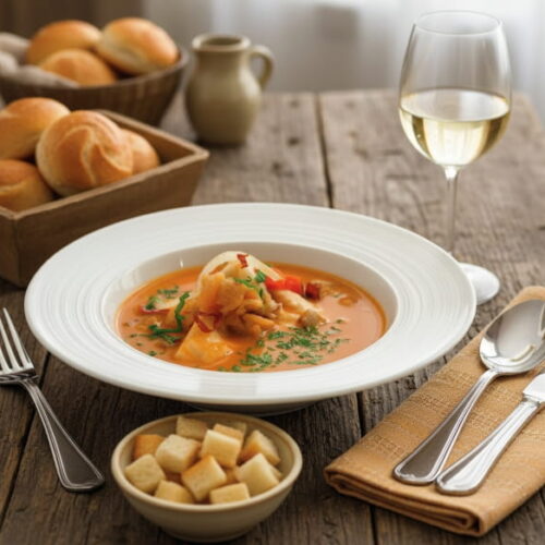 Wein zum Essen: Traditionelle Wachauer Fischbeuschelsuppe und ein Glas Wein.