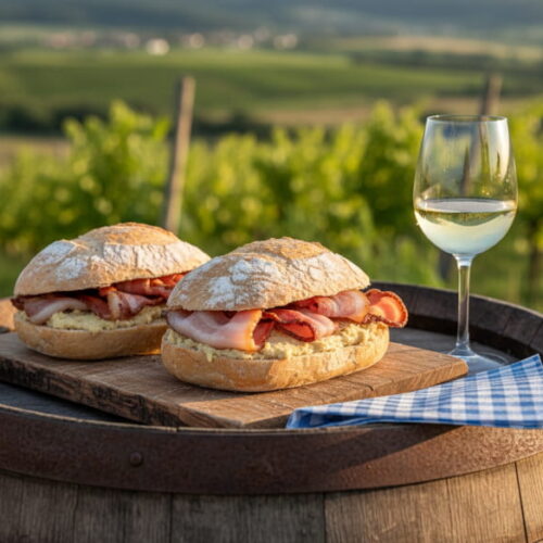 Wein zum Essen: Traditionelles Wachauer Laberl mit Speck und ein Glas Gemischter Satz.