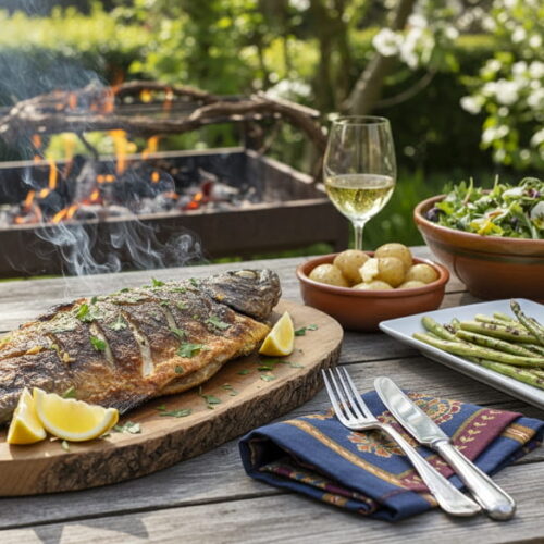 Wein zum Essen: Gegrillter Maifisch nach Bordelaiser Art neben einem Glas Graves Weißwein.