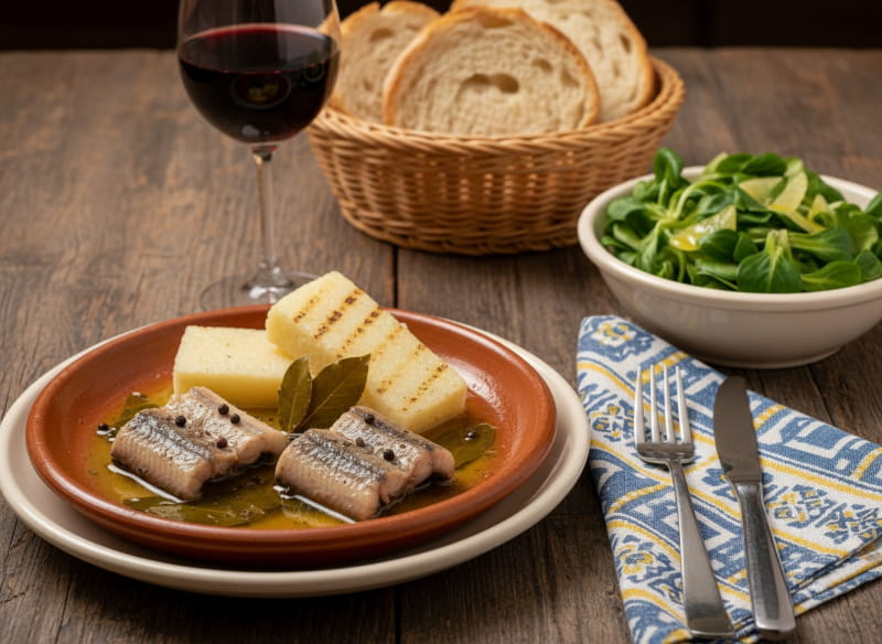 Wein zum Essen: Marinierter Aal mit Lorbeer neben einem Glas Fortana Rotwein.