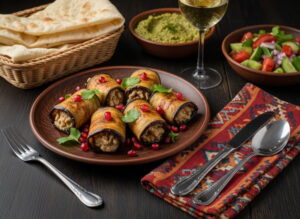 Wein zum Essen: Badrijani Nigvzit Auberginenröllchen mit Walnussfüllung neben einem Glas Mtsvane.