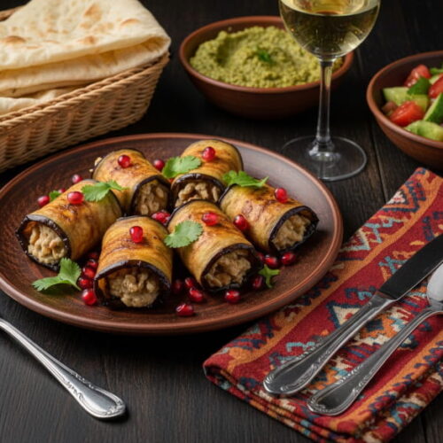 Wein zum Essen: Badrijani Nigvzit Auberginenröllchen mit Walnussfüllung neben einem Glas Mtsvane.