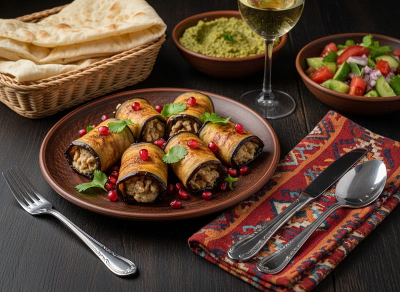 Wein zum Essen: Badrijani Nigvzit Auberginenröllchen mit Walnussfüllung neben einem Glas Mtsvane.