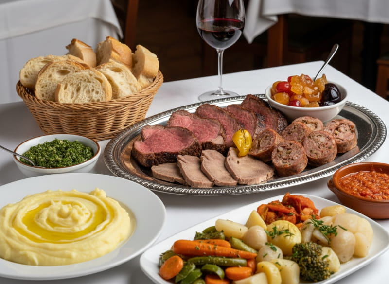 Wein zum Essen: Gemischte Fleischplatte Bollito Misto neben einem Glas Sangiovese Rotwein.