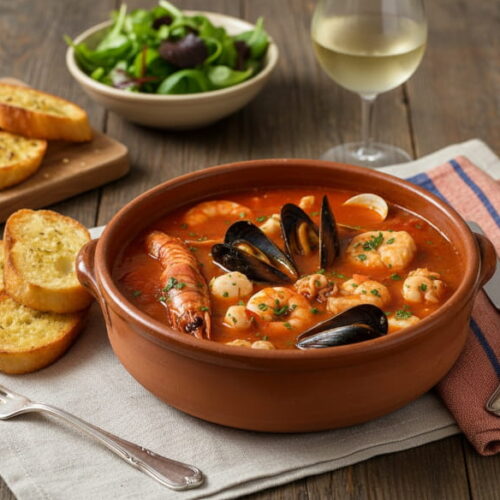 Wein zum Essen: Reichhaltige Fischsuppe Brodetto neben einem Glas Pagadebit Weißwein.
