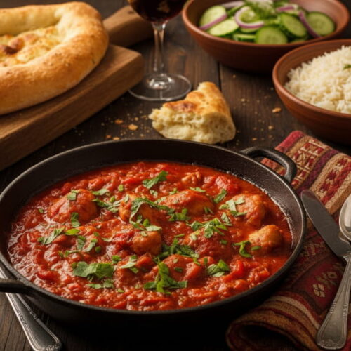 Wein zum Essen: Georgisches Chakhokhbili Hähnchenragout neben einem Glas Mukuzani Rotwein.