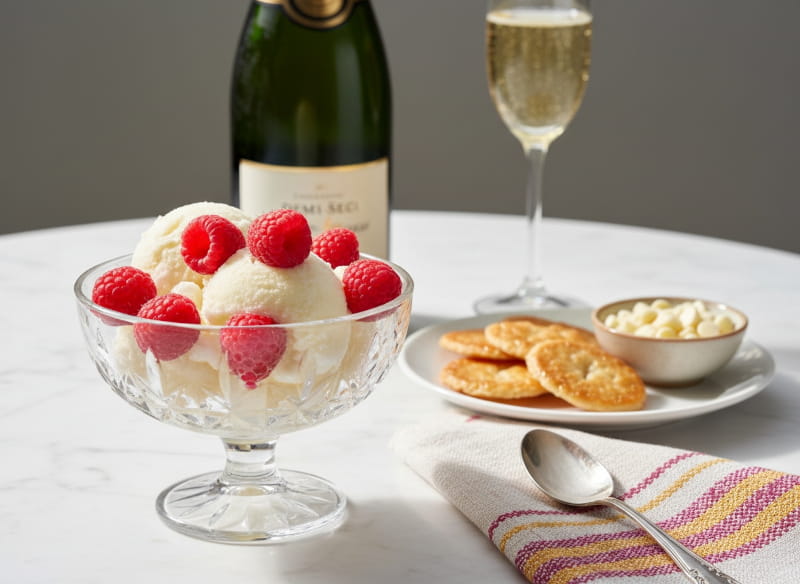 Wein zum Essen: Erfrischendes Champagner-Sorbet mit Himbeeren neben einem Glas Demi-Sec Champagner.