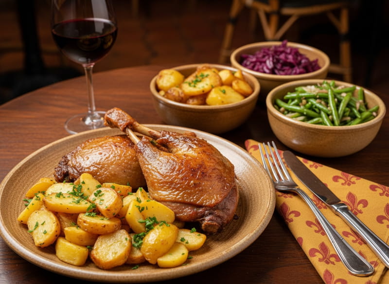 Wein zum Essen: Knuspriges Confit de Canard neben einem Glas Haut-Médoc Rotwein.