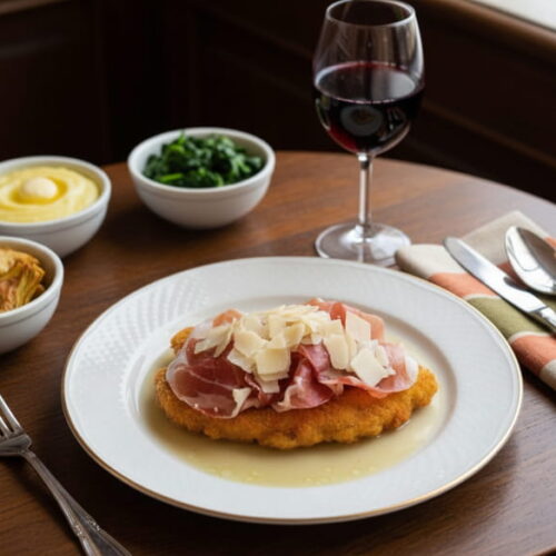 Wein zum Essen: Cotoletta alla Bolognese mit geschmolzenem Käse neben einem Glas Lambrusco Rotwein.