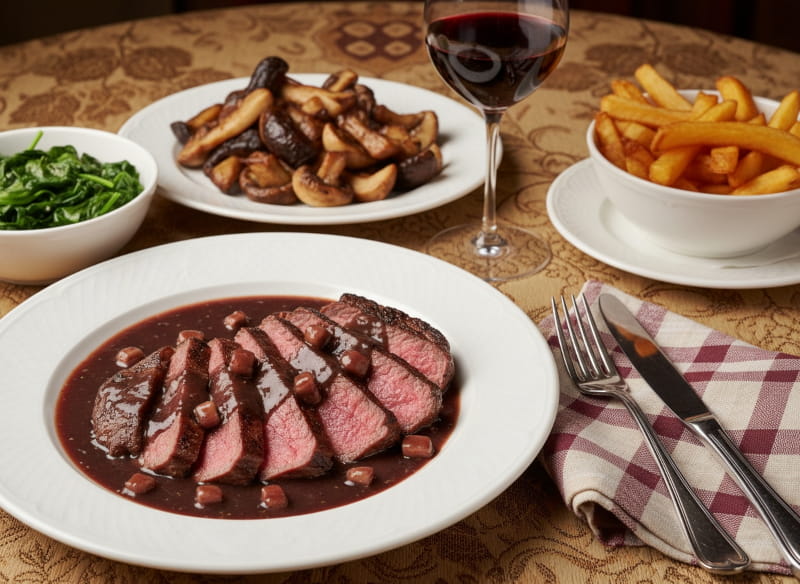 Wein zum Essen: Entrecôte à la Bordelaise Steak neben einem Glas Pauillac Rotwein.