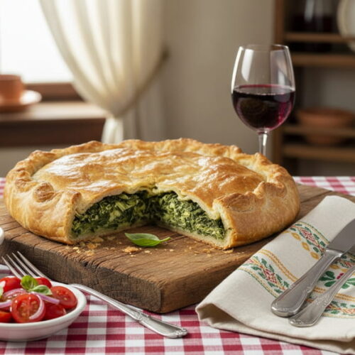 Wein zum Essen: Herzhafter Erbazzone Gemüsekuchen neben einem Glas Lambrusco Rotwein.