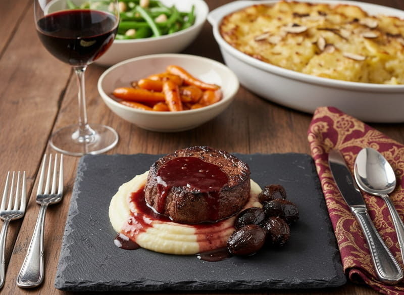 Wein zum Essen: Filet Mignon mit Portwein-Schalotten auf Pastinakenpüree neben einem Glas dunklem Malbec.