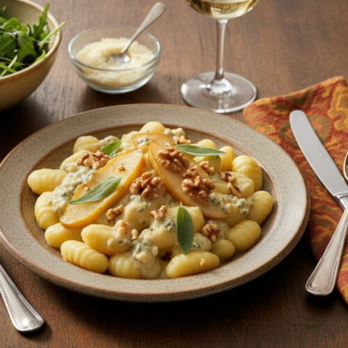 Wein zum Essen: Gnocchi mit Gorgonzola-Sauce, Birnen und Walnüssen neben einem Glas Chenin Blanc.