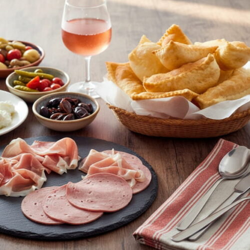 Wein zum Essen: Frittierter Gnocco Fritto mit Aufschnitt neben einem Glas Lambrusco Weißwein.