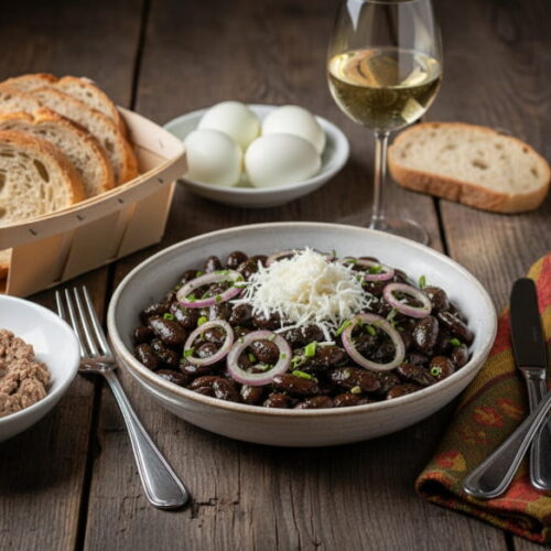 Wein zum Essen: Steirischer Käferbohnensalat mit Kernöl neben einem Glas Sauvignon Blanc Weißwein.