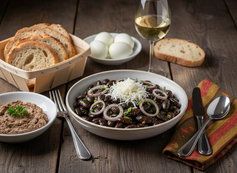 Wein zum Essen: Steirischer Käferbohnensalat mit Kernöl neben einem Glas Sauvignon Blanc Weißwein.