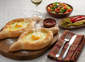 Wein zum Essen: Khachapuri Adjaruli mit geschmolzenem Käse und Ei neben einem Glas Tsinandali.