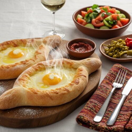 Wein zum Essen: Khachapuri Adjaruli mit geschmolzenem Käse und Ei neben einem Glas Tsinandali.