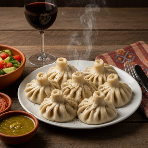 Wein zum Essen: Georgische Khinkali mit schwarzem Pfeffer neben einem Glas Saperavi Wein.