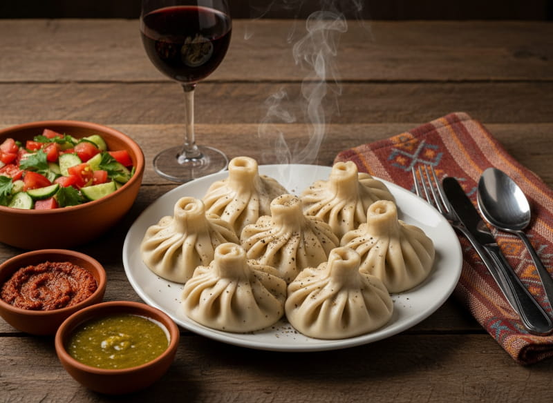 Wein zum Essen: Georgische Khinkali mit schwarzem Pfeffer neben einem Glas Saperavi Wein.